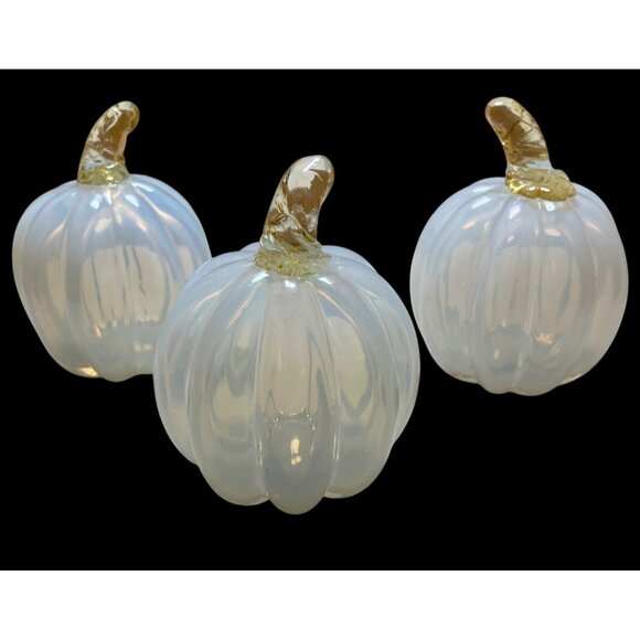Set Of 3 Acorn + Oak Harvest Collection Glass Pumpkins Iridescent White With Gol - Picture 1 of 10